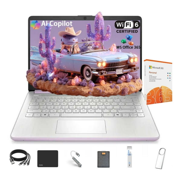 HP Stream 14 Student Business Laptop, Intel N150 Processor(Quad-core), 4GB RAM, 384GB Storage (128GB UFS+256GB MSD),Microsoft Office 365,Copilot AI,1TB Cloud Storage,Honey Lavender,with 5ave Kit