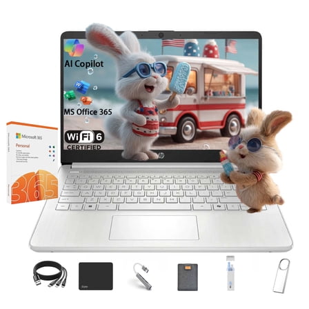 HP Stream 14 Student Business Laptop, Intel N150 Processor(Quad-core), 4GB RAM, 384GB Storage (128GB UFS+256GB MSD),Microsoft Office 365,Copilot AI,1TB Cloud Storage,Silver,with 5ave Kit