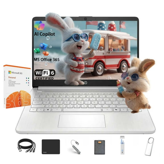 HP Stream 14 Student Business Laptop, Intel N150 Processor(Quad-core), 4GB RAM, 384GB Storage (128GB UFS+256GB MSD),Microsoft Office 365,Copilot AI,1TB Cloud Storage,Silver,with 5ave Kit