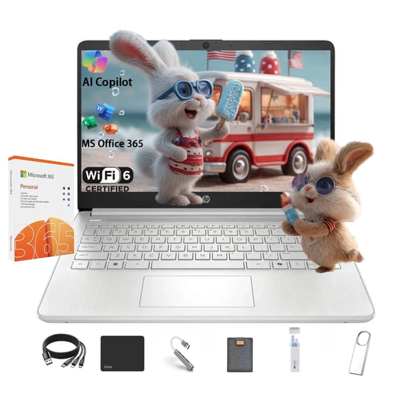 HP Stream 14 Student Business Laptop, Intel N150 Processor(Quad-core), 8GB RAM, 384GB Storage (128GB UFS+256GB MSD),Microsoft Office 365,Copilot AI,1TB Cloud Storage,Silver,with 5ave Kit