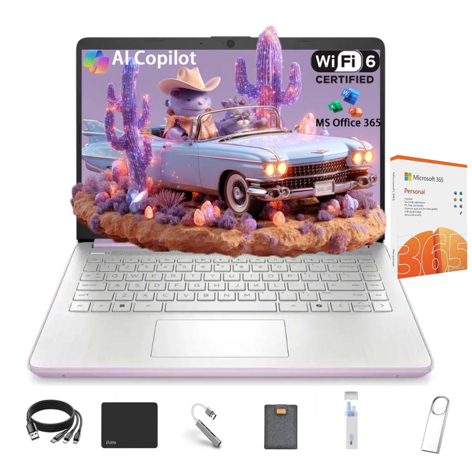 HP Stream 14 Student Business Laptop, Intel N150 Processor(quad-core), 32GB RAM, 384GB Storage (128GB UFS+256GB MSD),Microsoft Office 365,Copilot AI,1TB Cloud Storage,Honey Lavender,with 5ave Kit