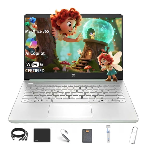 HP Stream 14 Student Business Laptop, Microsoft Office 365, Intel N150 Processor(Quad-core), 4GB RAM, 384GB Storage (128GB UFS+256GB MSD), Copilot AI, 1TB Cloud Storage, Green, with 5ave Kit