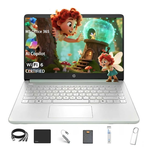 HP Stream 14 Student Business Laptop, Microsoft Office 365, Intel N150 Processor(Quad-core), 8GB RAM, 384GB Storage (128GB UFS+256GB MSD), Copilot AI, 1TB Cloud Storage, Green, with 5ave Kit