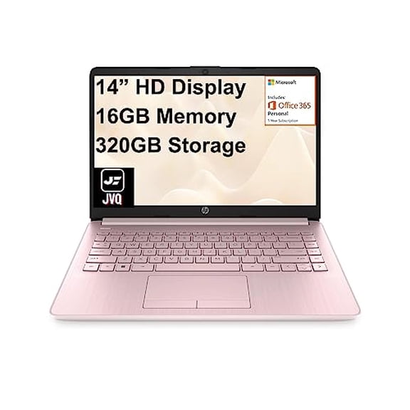 HP Stream Laptop, 14" HD Display, Intel Celeron N4020 Processor, 16GB Memory, 320GB Storage (64GB eMMC + 256GB USB), 1-Year Office 365, Webcam, HDMI, Wi-Fi, USB-C, Windows 11 Home, Pink, JVQ MP