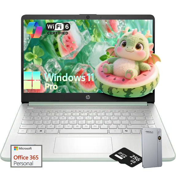 HP Student Business Laptop Computer - Intel Processor N150, 14 inch HD Display, AI-Powered, Lightweight, Windows 11 Pro, Webcam, 16GB RAM, 128GB UFS+256GB MSD, Green