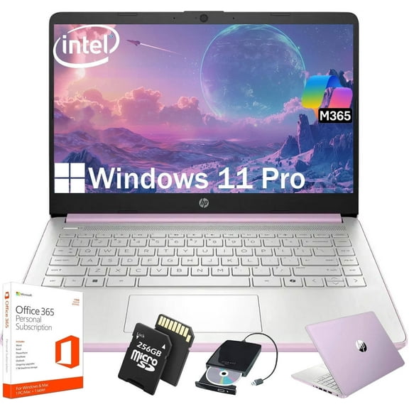 HP Student Business Laptop Computer - w/1 Year Office 365, 16GB RAM, 128GB UFS & 256GB Extend Micro SD & 1TB Cloud, Intel 4-Core Processor, HD Display, Windows 11 Pro(Honey Lavender)