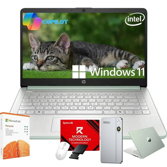 HP Student Business Laptop, Intel Processor N150 CPU, 14 Inch LED Portable Laptop, 16GB RAM, 128GB UFS + 256GB Extend Micro SD, Wi-Fi 6, Copilot AI, Windows 11 Pro, Green