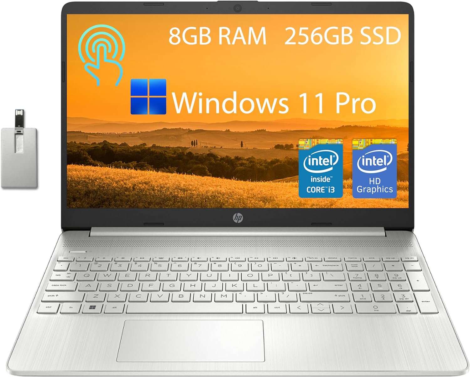 HP Touchscreen Laptop, 15.6" HD Laptop, Intel Core i3-1115G4(Beats i5-1035g1), 8GB RAM, 256GB PCIe SSD, Intel UHD Graphics, HD Webcam, Numpad, Wi-Fi 5, Bluetooth, Win 11 Pro, 32GB USB Card - image 1 of 9