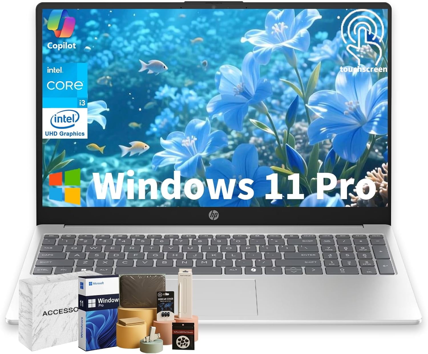 HP Touchscreen Laptop, Intel Core i3-1315U, 16GB RAM, 512GB SSD, 15.6" 250 nits Anti-Glare Display, Copilot-AI Chat, Windows11 Pro Computer for Business & Students