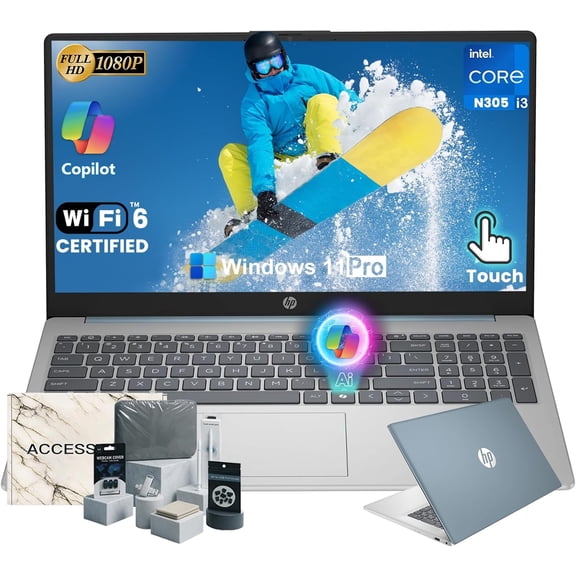 HP Touchscreen Laptop, Intel Core i3-N305, 15.6 inch Anti-Glare LED Display, 8 GB RAM | 512 GB SSD, HDMI, Numeric Keypad, Webcam, Wi-Fi 6, Windows 11 Pro, Copilot AI, Blue