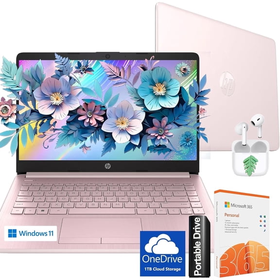 HP Ultralight 14 inch Laptop with Intel 4-Core Processor • with Microsoft 365 and Wireless Earbuds • 8GB RAM • 128GB SSD& 128GB Onboard & 1TB Cloud Storage • HD Display • Pink • Windows 11