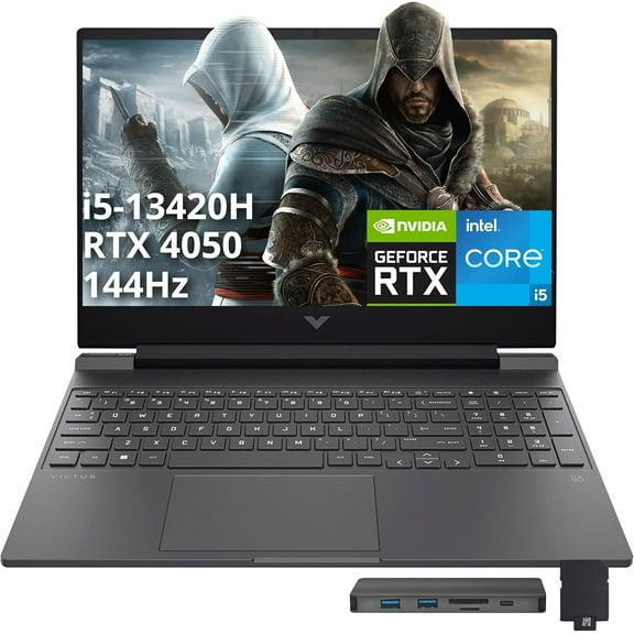 HP Victus 15.6" 144Hz FHD Gaming Laptop, Intel i5-13420H, 32GB RAM, 2TB PCIe SSD, NVIDIA GeForce RTX 4050, Backlit Keyboard, Windows 11 Pro, Mica Silver, 1TB Docking Station Set