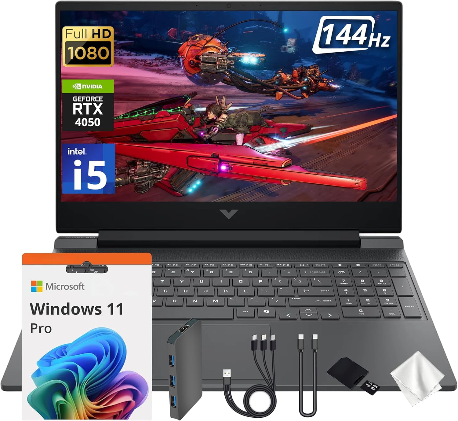 HP Victus 15.6" 144Hz FHD Gaming Laptop, Intel i5-13420H, NVIDIA GeForce RTX 4050 GDDR6, 16GB DDR4, 512GB SSD, Backlit Keyboard, WiFi 6, Windows 11 Pro, Silver, 1TB Docking Station Set