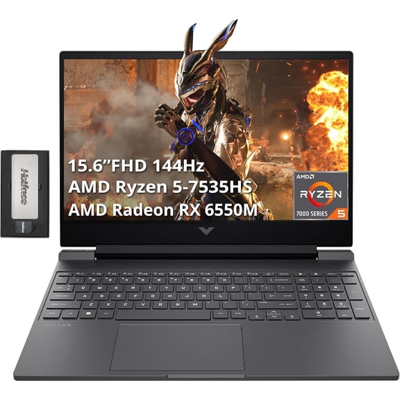 HP Victus 15.6" FHD 144Hz Gaming Laptop, AMD Ryzen 5-7535HS, 16GB DDR5 RAM, 1TB PCIe SSD, AMD Radeon RX 6550M, Backlit Keyboard, Windows 11 Pro, Mica Silver, 256GB Docking Station Set