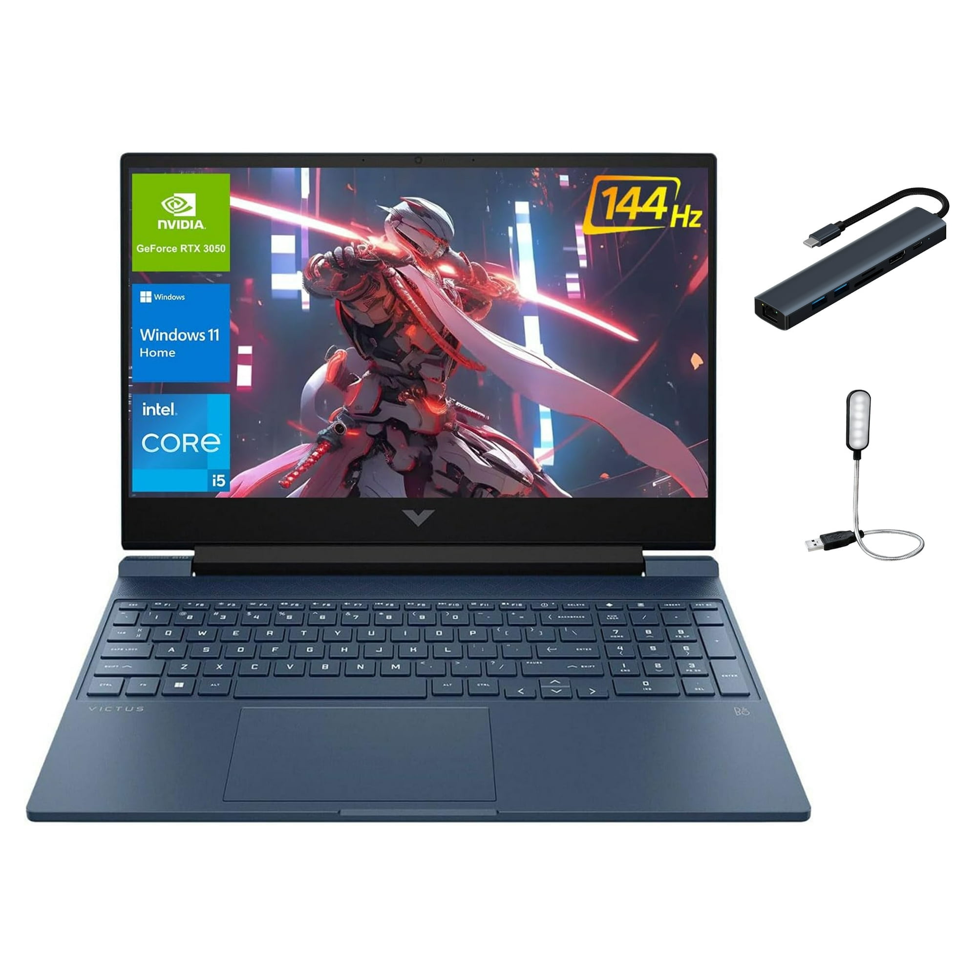 HP Victus 15.6 inch FHD 144Hz Gaming Laptop, Intel Core i5-12450H, 16GB RAM, 1TB SSD, NVIDIA GeForce RTX 3050, Backlit Keyboard, SD Card Reader, Windows 11 Home, Blue with Accessories