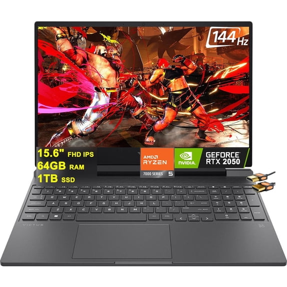 HP Victus 15 Gaming Laptop 15.6" FHD IPS 144Hz AMD 7000 Series Hexa-Core Ryzen 5 7535HS (Beats i7-11800H) 64GB RAM 1TB SSD GeForce RTX 2050 4GB Graphic Backlit USB-C B&O Win11 Black + HDMI Cable