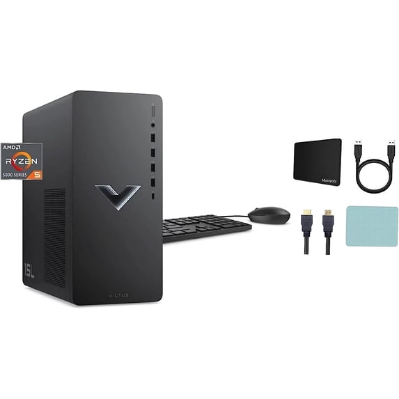 HP Victus 15L Gaming Desktop PC, AMD Ryzen 5 5600G, AMD RX6400 Graphics, 64GB RAM, 2TB SSD, Mica Silver, Windows 11 Home + Mazepoly Accessories