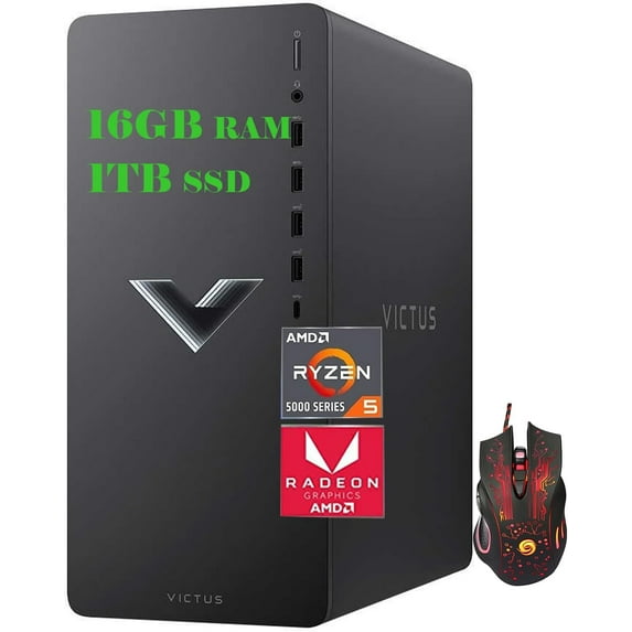 HP Victus Gaming Desktop, AMD Radeon 5 5600G, 16GB RAM, 1TB PCIe SSD, AMD Radeon RX 6400 Graphics, Wi-Fi 6, Bluetooth, Windows 11 Home, Wired Keyboard & Mouse, Cefesfy Gaming Mouse