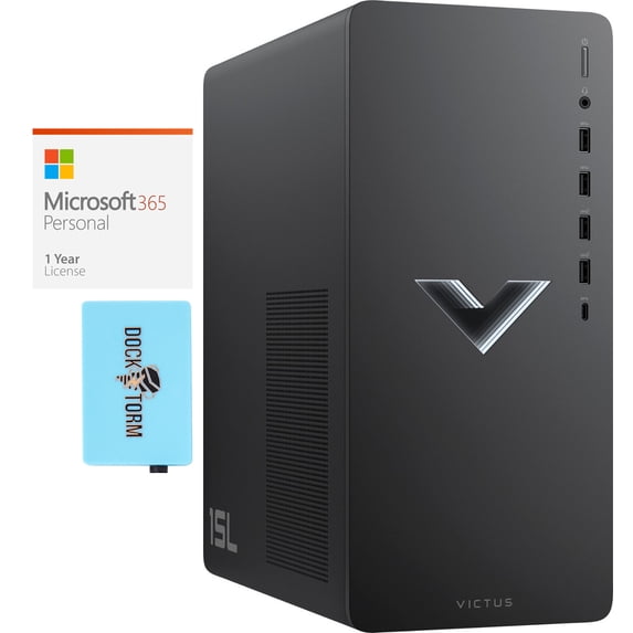 HP Victus TG02 Gaming/Entertainment Desktop PC (Intel i3-12100F 4-Core, GeForce GTX 1650, 32GB RAM, 1TB PCIe SSD + 2TB HDD (3.5), Wifi, Win 11 Home) with Microsoft 365 Personal , Dockztorm Hub