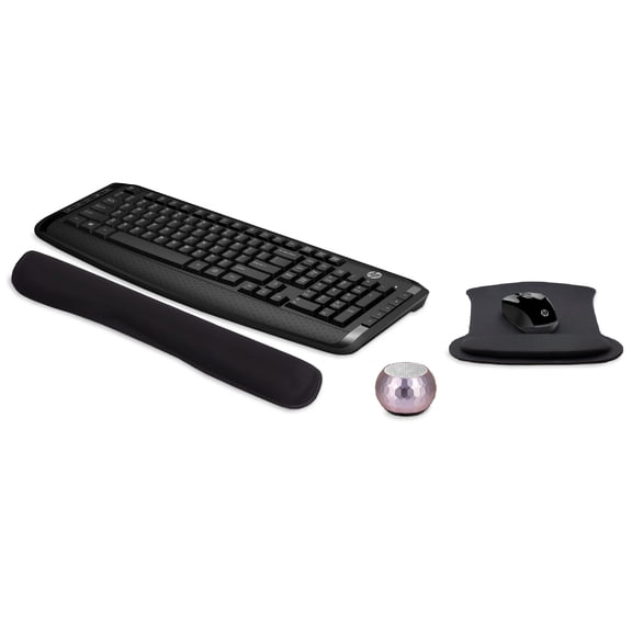 HP Wireless Keyboard & Mouse 300 PC Accessories Bundle with Gel Mouse & Wrist Pads, & Mini Bluetooth Speaker with Professional Sound, Built-in Mic & Remote Selfie Button