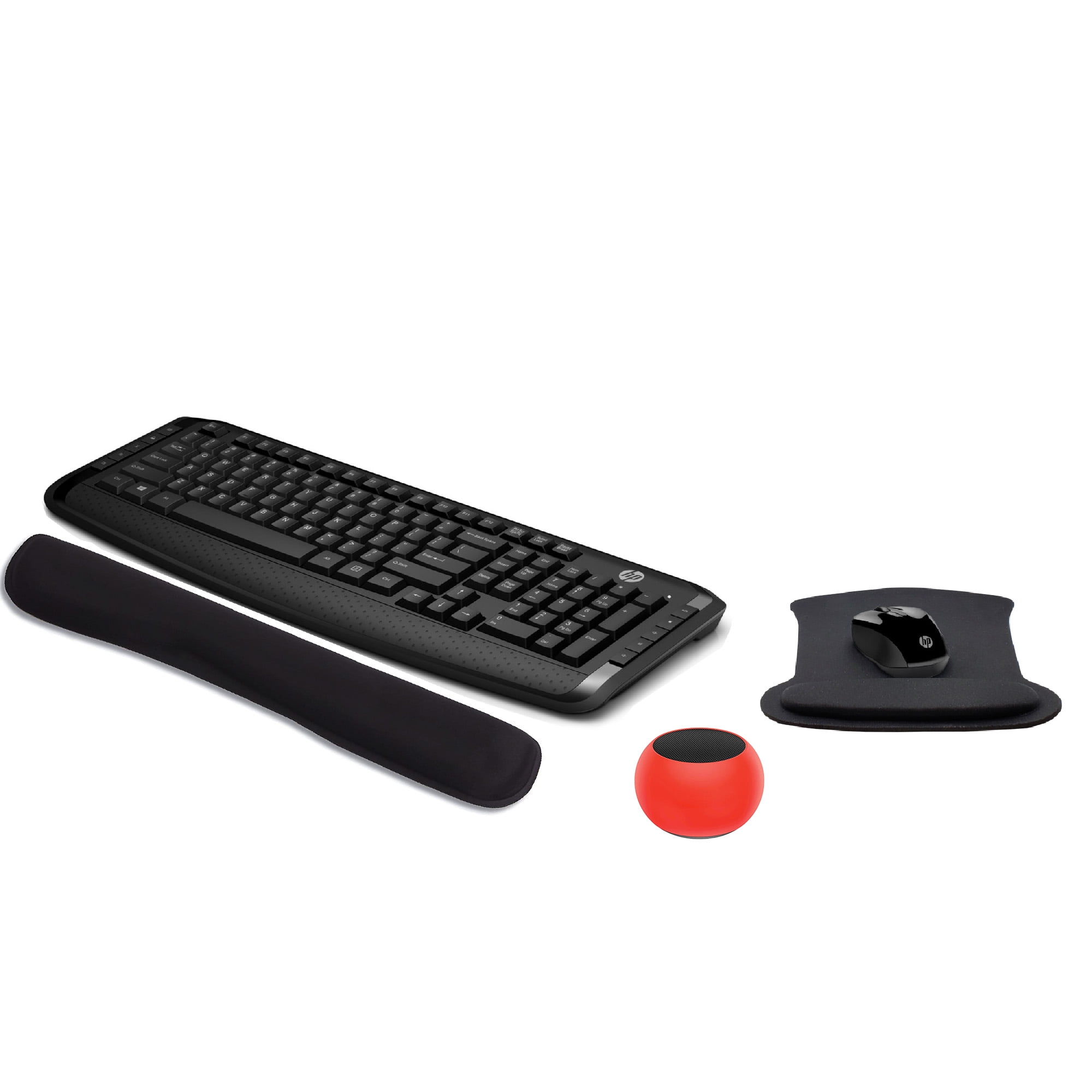 HP Wireless Keyboard & Mouse 300 PC Accessories Bundle with Gel Mouse & Wrist Pads, & Mini Glow in the Dark Bluetooth Speaker with Professional Sound, Built-in Mic & Remote Selfie Button
