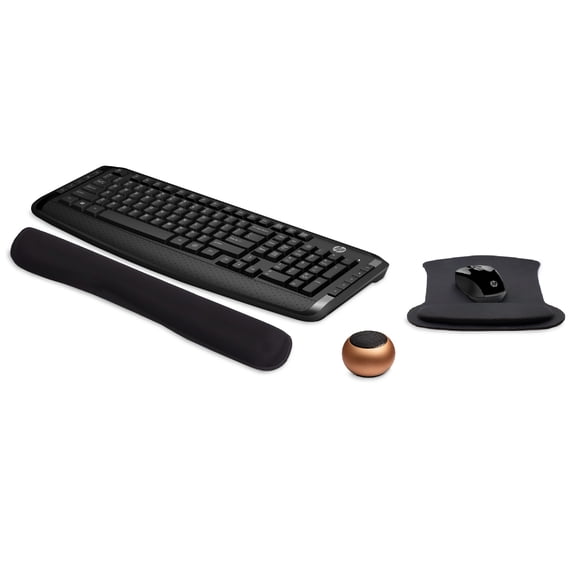 HP Wireless Keyboard & Mouse 300 PC Accessories Bundle with Gel Mouse & Wrist Pads, & Mini Bluetooth Speaker with Professional Sound, Built-in Mic & Remote Selfie Button