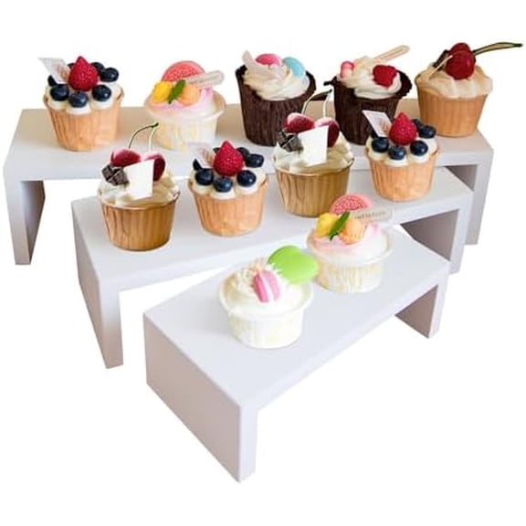 HPC DECOR 3PCS Wood Display Riser Stands- 8'' 12'' & 16'' Decorative Wooden Tabletop Tiered Display Risers for Cupcake Dessert- Modern Farmhouse Nesting Display Risers for Home, Restaurant & Party