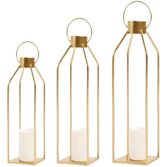 HPC DECOR Modern Farmhouse Lantern Decor- 22''19''16''Tall Large Gold Metal Candle Lanterns for Home Decor-Lanterns Decorative w/Timer Flickering Candles for Living Room,Outdoor