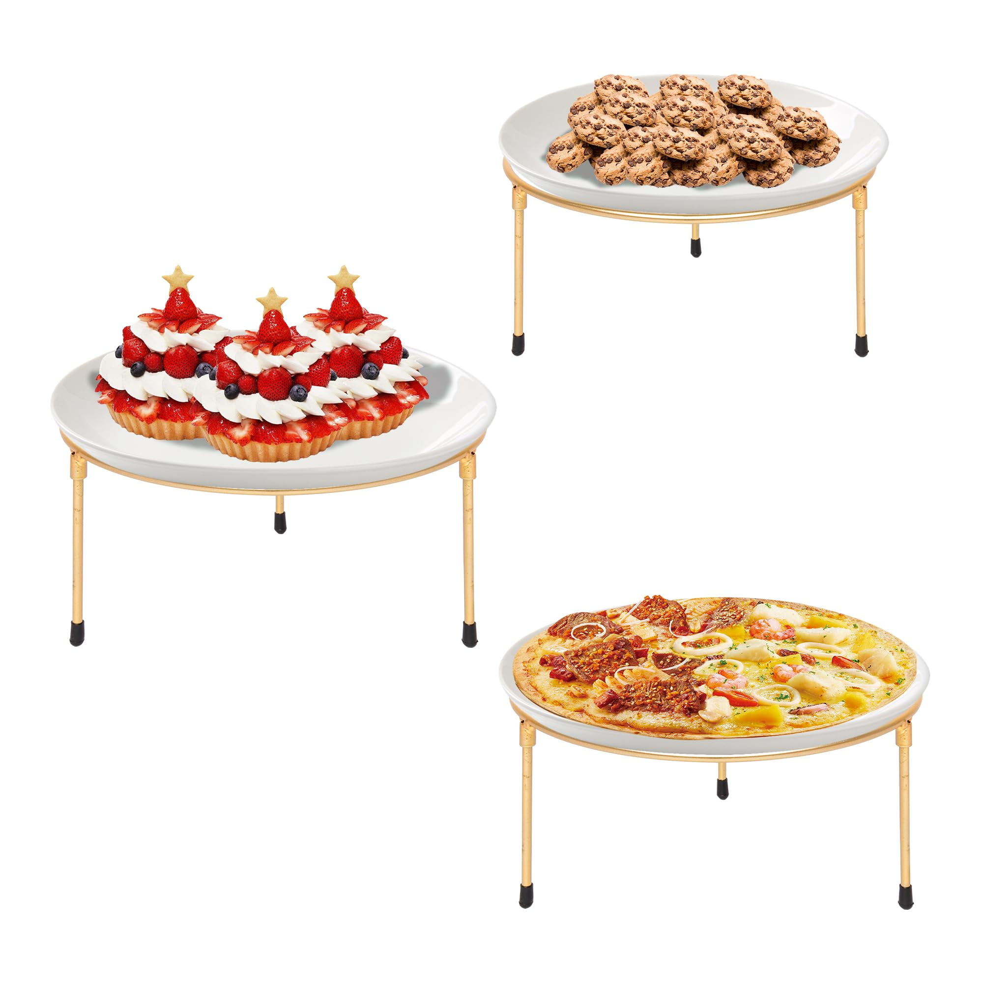 HPC DECOR Set of 3 Gold Metal Wire Pan Riser Stands-Round Tray Riser ...