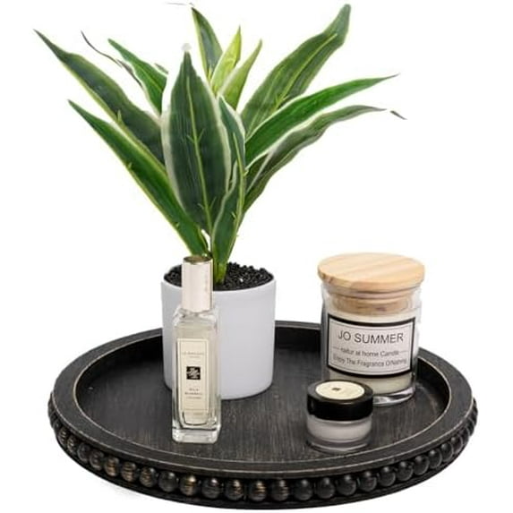 HPC Decor 12in Round Tray for Home Decor- Black Wood Beaded, Decorative Round Tray for Living Room Decor, Coffee Table Decor, Kitchen Table Decor or Farmhouse Serving Tray