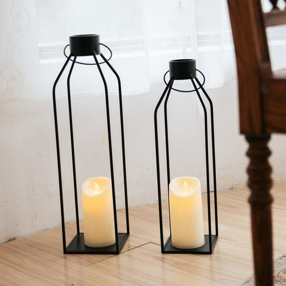 HPC Decor 22'' 19'' Lanterns Decorative with Flickering Timer Candles - Large Tall Black Metal Candle Lanterns Set of 2 - Modern Farmhouse Decor for Indoor, Outdoor, Tabletop, Porch (No Glass)