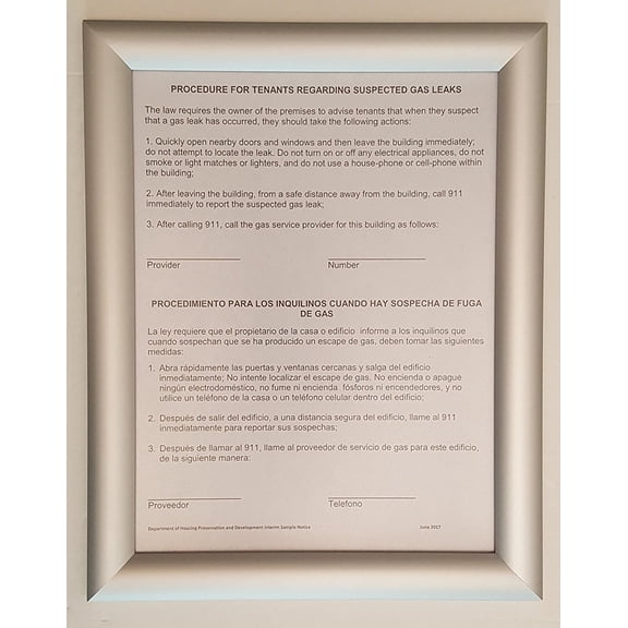HPD Gas Leak Sign ( Frame 8-1/2" X 11" ,Silver)