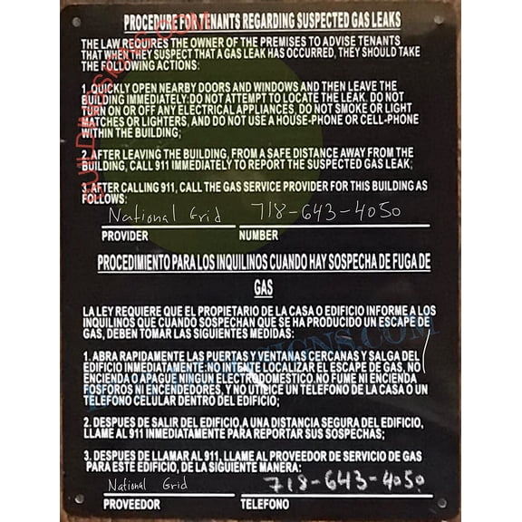 HPD Gas leak notice English / Spanish sign ( 8.5x11, BLACK)-BLACK ROCK LINE(ref062022)