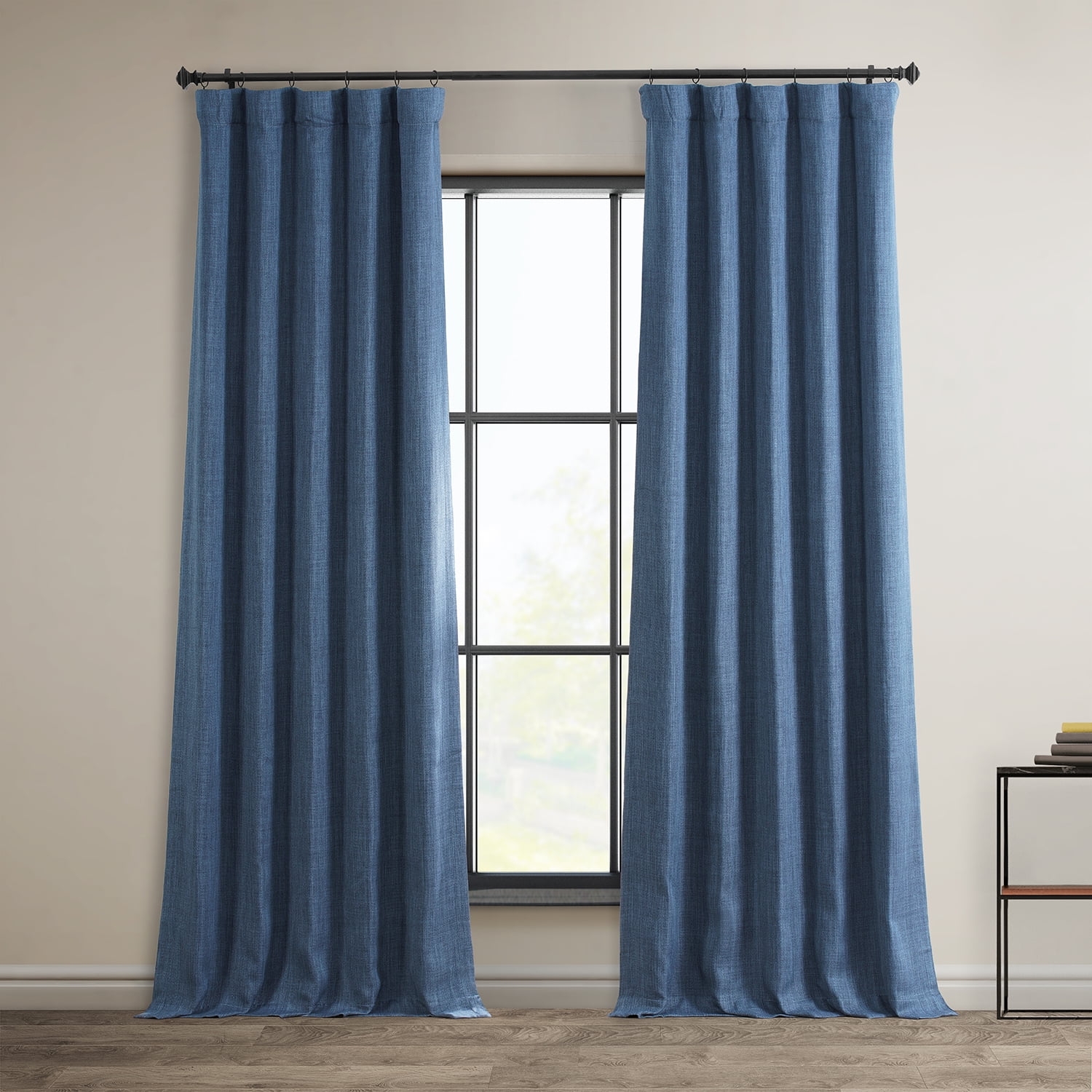 Extra Long Blue Faux Linen Blackout Drapes