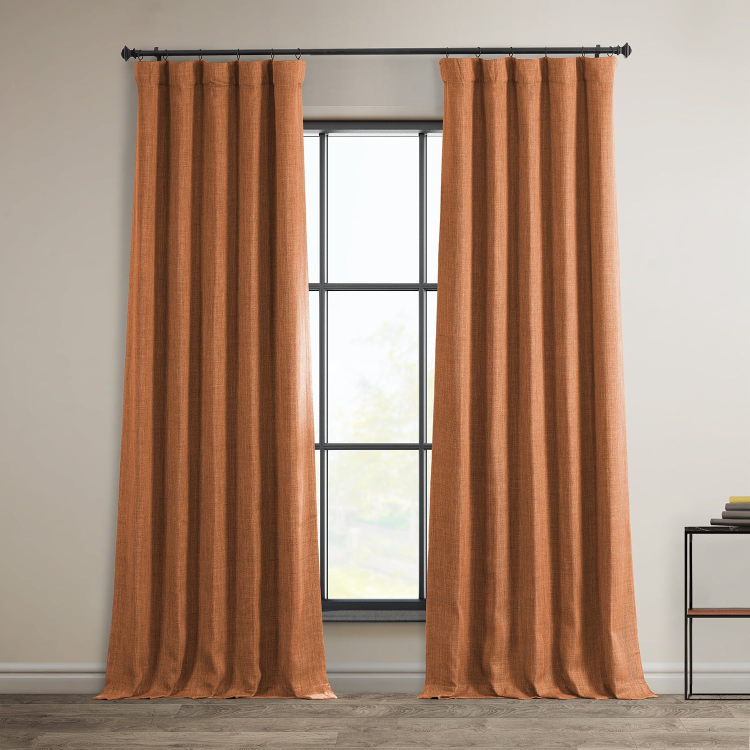 Desert Orange Faux Linen Blackout Puddle Length Curtain Panel