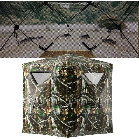 HPDAVV 2-3 Person Pop Up Hunting Blind, 360/270 Degree One-Way See Through Ground Blind for Deer & Turkey, Portable Hub Style Hunting Tent with Silent Slide Windows, Waterproof & Windproof, Camo