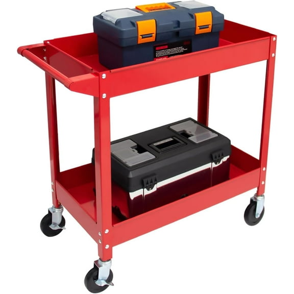 HPDAVV Heavy Duty 2-Tier Rolling Tool Cart with Dual Brakes - 32 x 14 Inch Metal Utility Cart, 300 lb Capacity, Mobile Service Cart for Garage, Workshop, Warehouse & Office (Red)