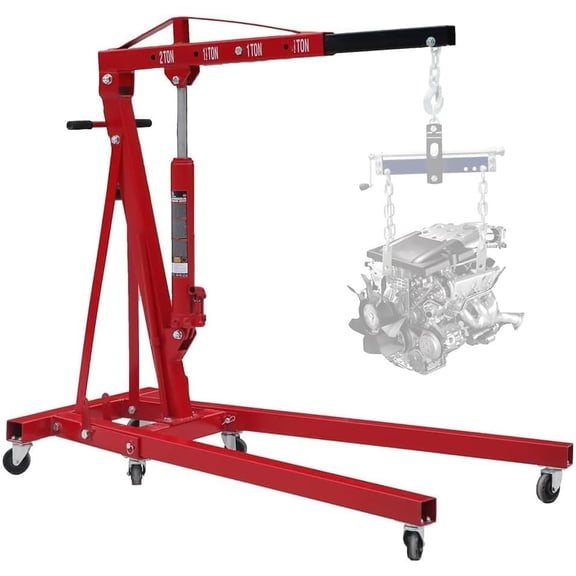 HPDAVV 2 Ton / 4000 lbs Steel Garage Shop Crane Engine Hoist with Folding Frame, Hydraulic Long Ram Jack and 4 Position Reinforced Boom, Red
