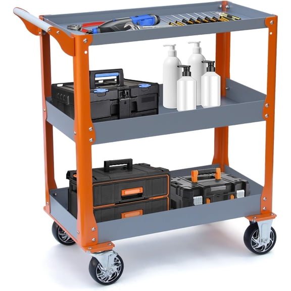 HPDAVV 3-Tier Heavy Duty Utility Cart - 1000 lbs Capacity Metal Service Cart with 5" Locking Wheels, Orange/Grey