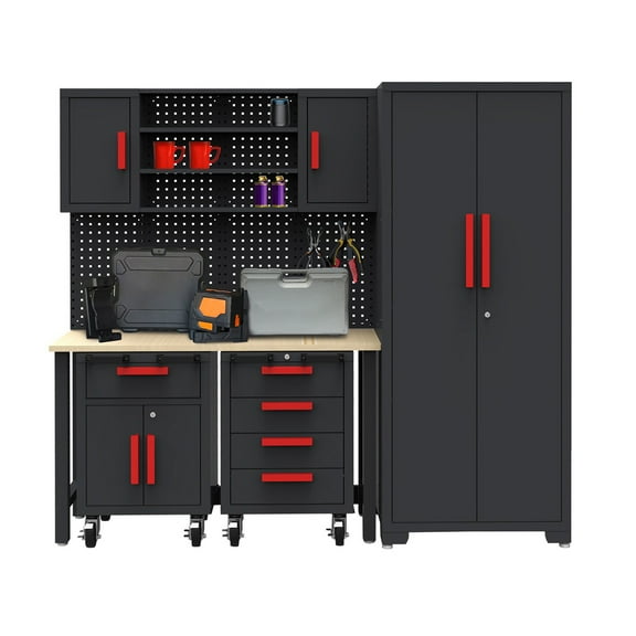 HPDAVV 6-Pcs Workshop Cabinet Set in Black with Workbench - Perfect for Organizing Garage and Tools - Included Steel Cabinets Drawers Shelving Rolling Chest 81.5"L 18.5"D 76"H Assembled Cabinet Kit