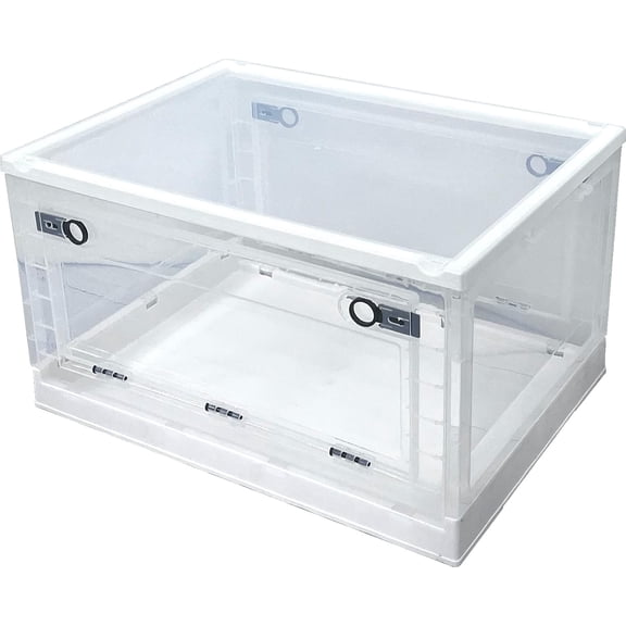 HPDAVV 80L Extra Large Stackable Storage Bins with Lids, 2-Pack Clear Collapsible Organizing Containers with 4 Wheels, Folding Plastic Storage Box with Magnetic Side Doors for Closet & Pantry, White