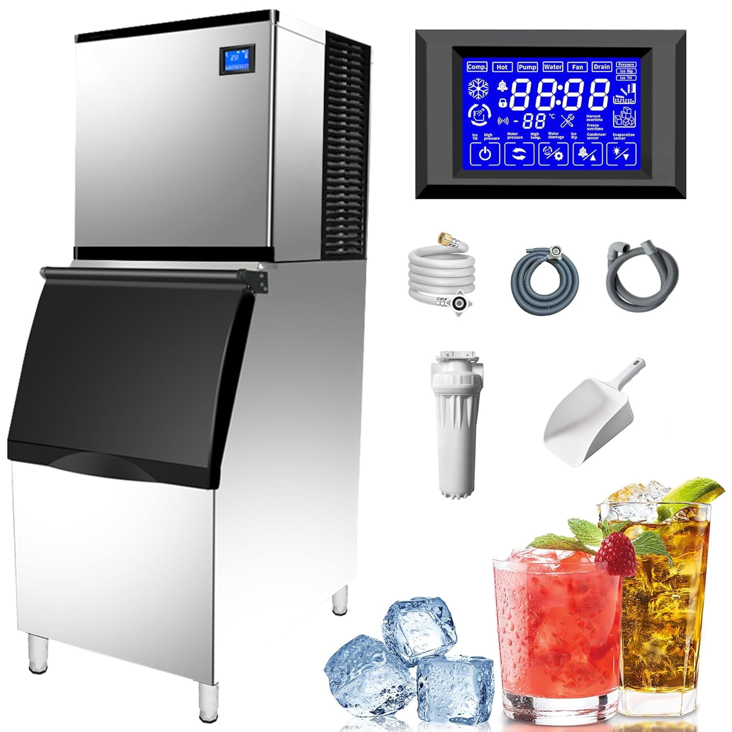 HPDAVV Commercial Ice Maker Machine - 350 LBS/24H, 110V Countertop Ice Machine with 300 LBS Bin, Self-Cleaning & Touchscreen for Bars, Restaurants & Cafes