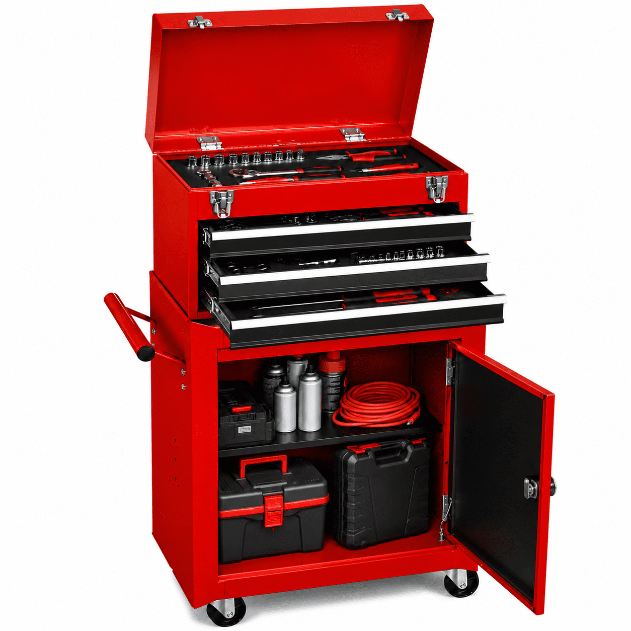 HPDAVV Detachable 3-Drawer Rolling Tool Chest, Red Metal Tool Box and Storage Cabinet with Adjustable Shelf, Locking Drawers, Side Handles and Brake Wheels for Garage Workshop