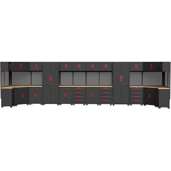 HPDAVV Garage Storage Cabinet System, 32-Piece Steel Garage Cabinets, Workbench & Pegboard Storage Kit with Drawers, Red Handle