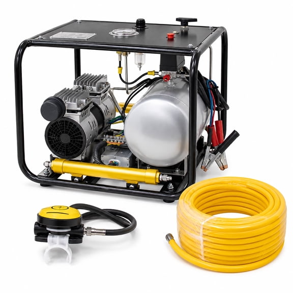 HPDAVV Oil-Free Dive Air Compressor System 12V 550W, 10L Stainless Steel Tank with 50ft Hose & Regulator for Snorkeling, Boat Cleaning and Lobstering