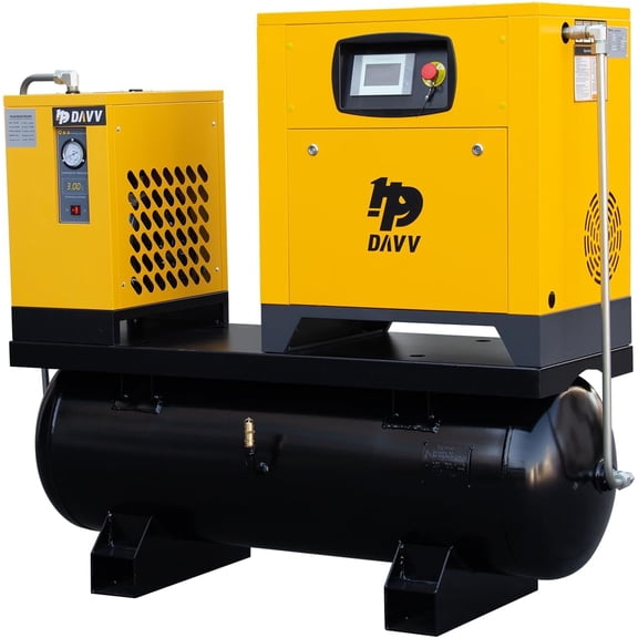 HPDAVV Variable Frequency Drive Rotary Screw Air Compressor System  10HP/7.5KW, 39CFM @125PSI, 80 Gallon ASME Tank with Refrigerated Dryer  Single or Three-Phase (208-230V) Industrial Base