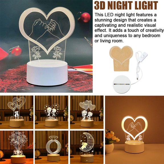 HPDL 3d Night Light LED Bedroom Bedside Night Light Valentines Gift Day New J6