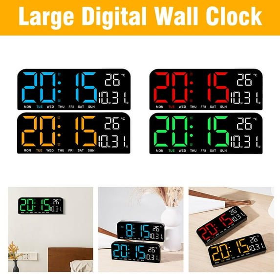 HPDL Digital Wall Clock Led AlarmTemperature Humidity Large Display Night Mode 2024