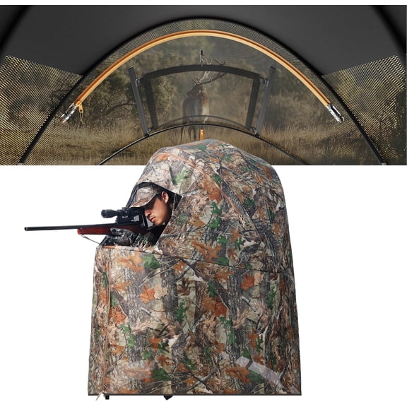 HPDMC 1-2 Person Pop-Up Hunting Blind with Built-in Chair & Cup Holder, One-Way See-Through Mesh Ground Blind, Lightweight Portable Spring Steel Deer & Turkey Blind for Bow & Duck Hunting