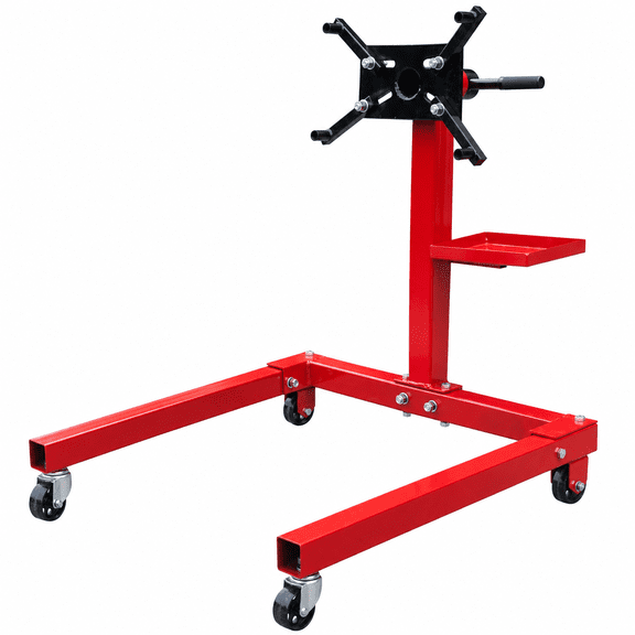 HPDMC 1000 lb Steel Engine Stand, Rolling Motor Repair Stand with Rotating Mounting Plate, Adjustable Arms, Side Tool Tray and Caster Wheels for Workshop, Red